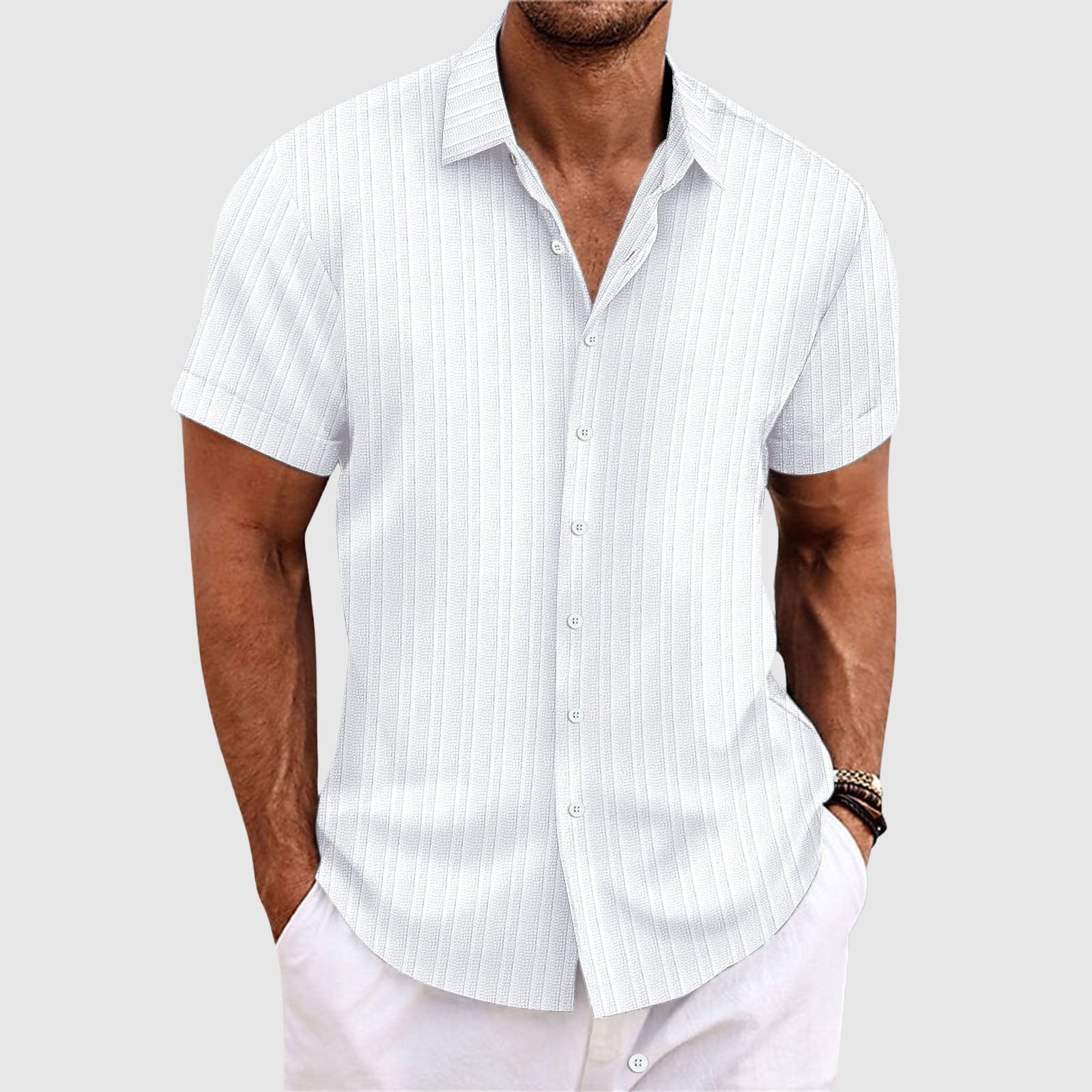 Felix Grant striped lapel collar shirt in classic multi-color, button-up outdoor casual style