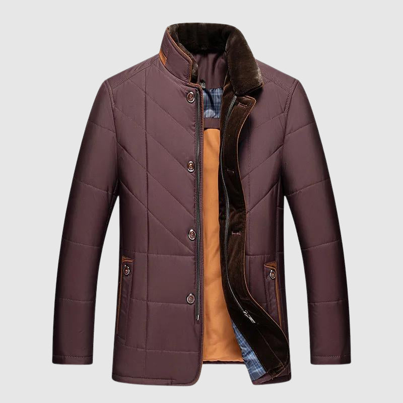 Men's black quilted winter jacket stand-up collar straight cut button closure urban style