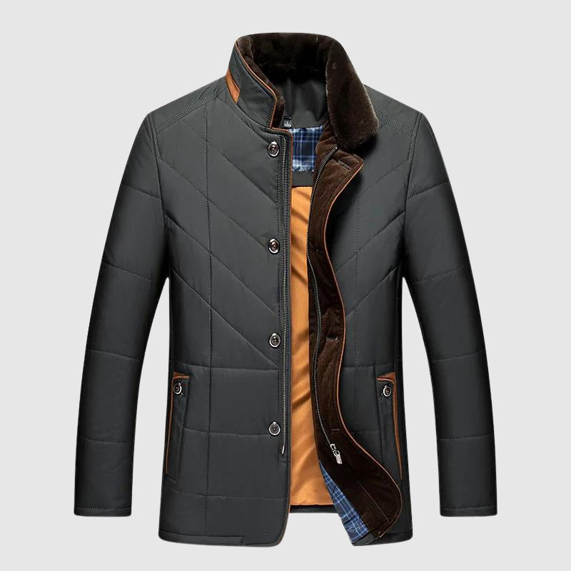 Men's black quilted winter jacket stand-up collar button closure straight urban fit