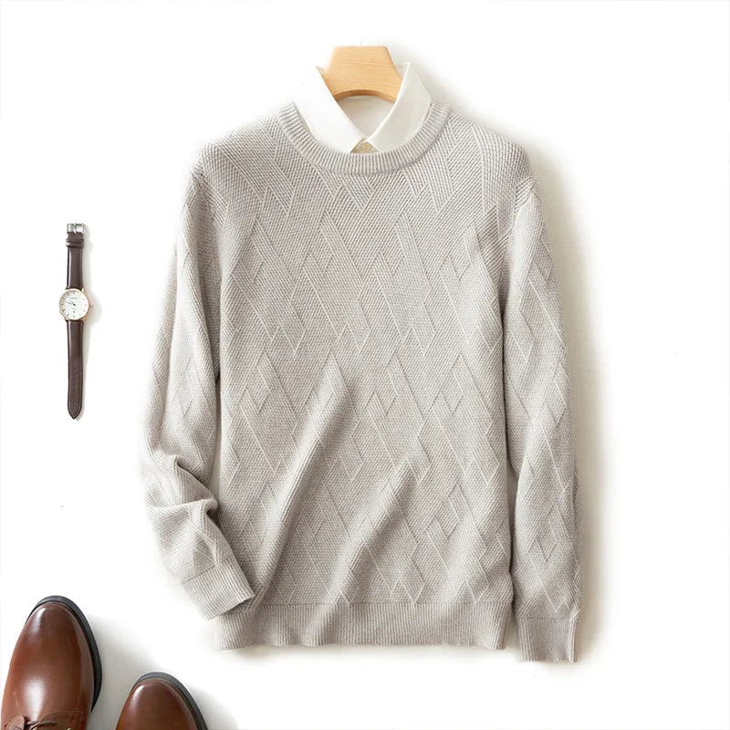 Men's warm geometric knit pullover sweater in neutral tones with textured modern pattern