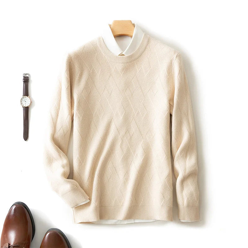 Men's warm knit pullover sweater neutral geometric texture modern slim fit premium wool blend
