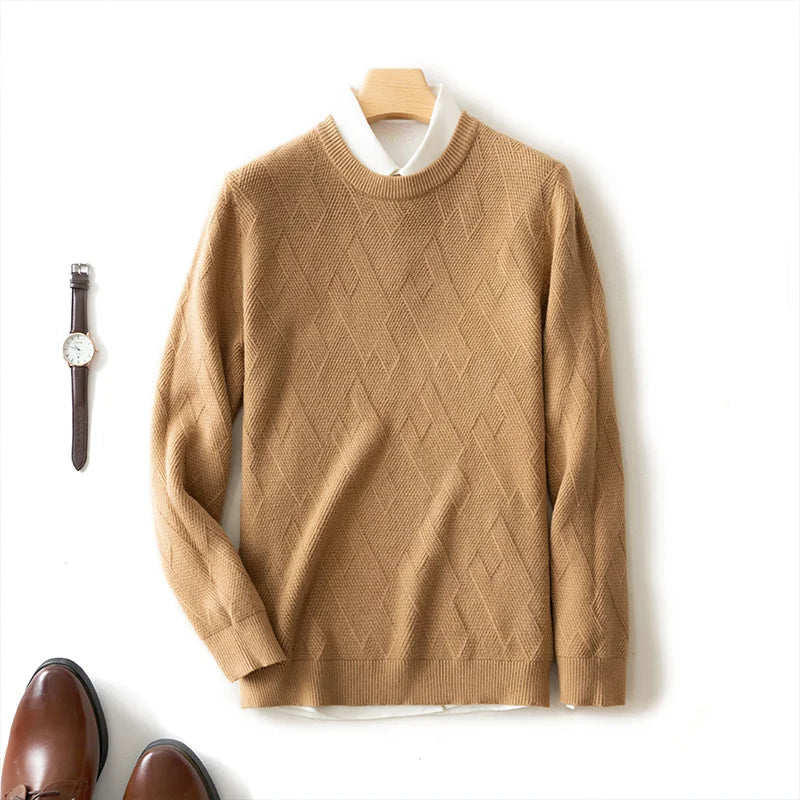 Men's warm geometric knit pullover sweater modern textured pattern premium wool blend cotton polyester