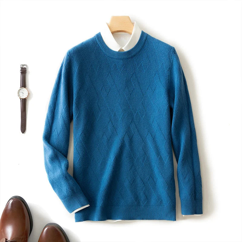 Men's warm pullover sweater neutral tones modern geometric knit texture premium wool blend