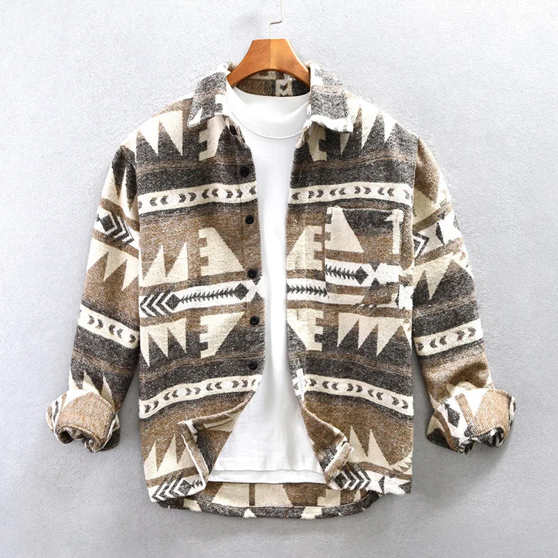 Unisex warm wool blend cardigan with tribal echo pattern in vintage-inspired relaxed fit