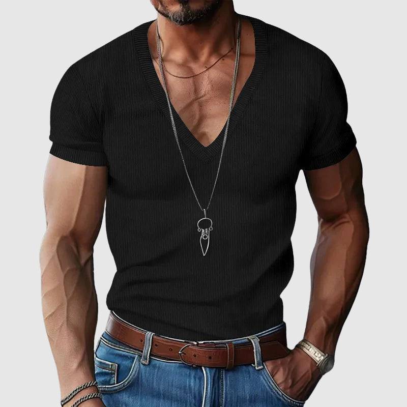 Men's slim fit V-neck casual shirt in breathable polyester blend, lightweight summer style