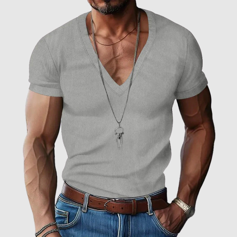 Men's slim fit V-neck casual shirt in breathable polyester blend, effortless summer style