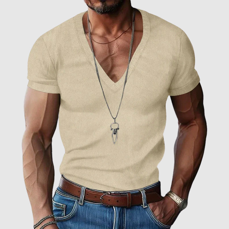 Men's slim fit V-neck casual shirt in breathable polyester blend, lightweight summer style