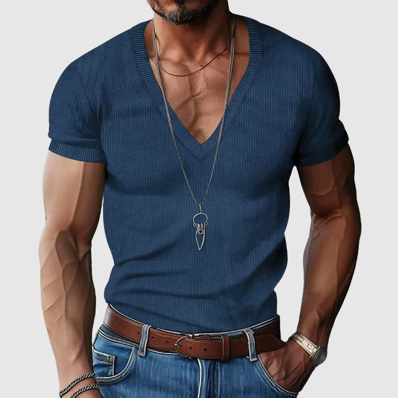 Men's slim fit V-neck casual shirt in breathable polyester blend, versatile summer style with clean lines