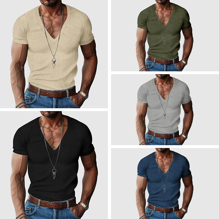 Men's slim fit V-neck casual shirt in polyester blend, breathable lightweight design for summer