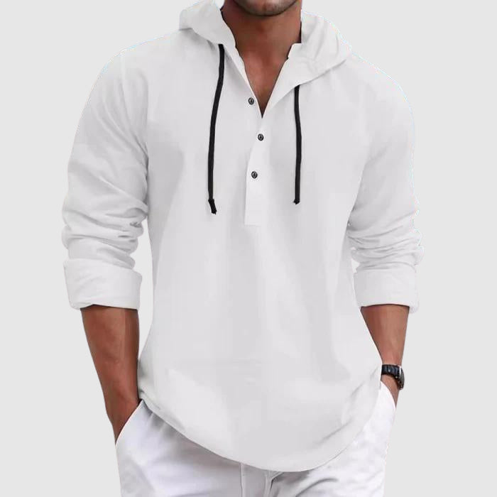 Men's casual relaxed fit hooded shirt in soft cotton blend with adjustable drawstring hood