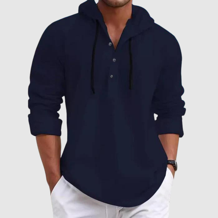 Men's relaxed fit hooded shirt in casual style with adjustable drawstring hood, soft cotton blend