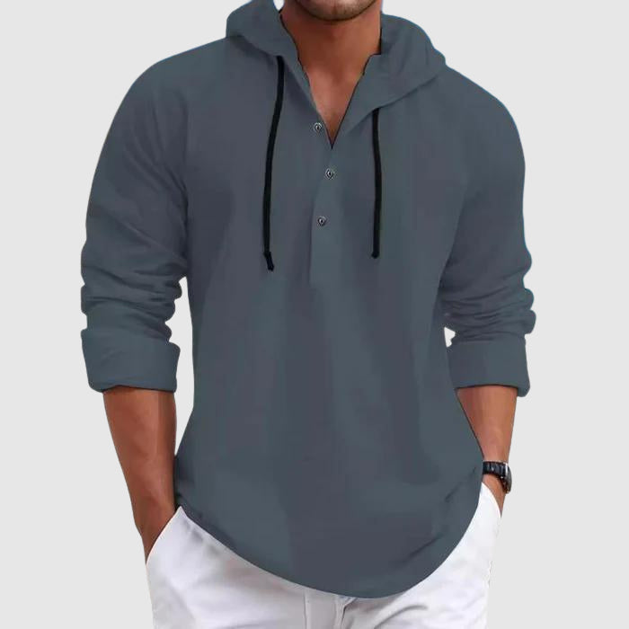 Men's relaxed fit hooded shirt in soft cotton blend with adjustable drawstring hood