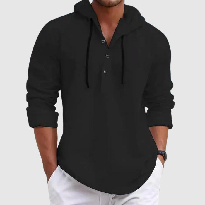 Men's relaxed fit hooded shirt in soft cotton blend with adjustable drawstring hood
