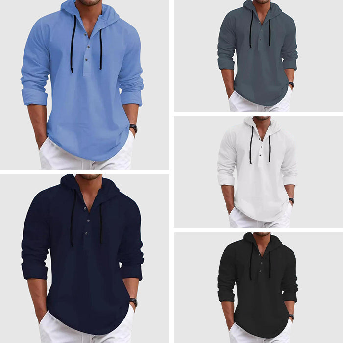 Men's relaxed fit hooded shirt in casual style with adjustable drawstring hood, soft cotton blend