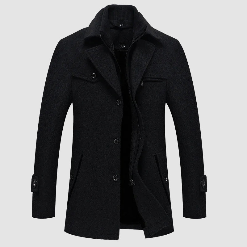Felix Grant wool blend coat in classic neutral tone, tailored full-length silhouette with detachable collar