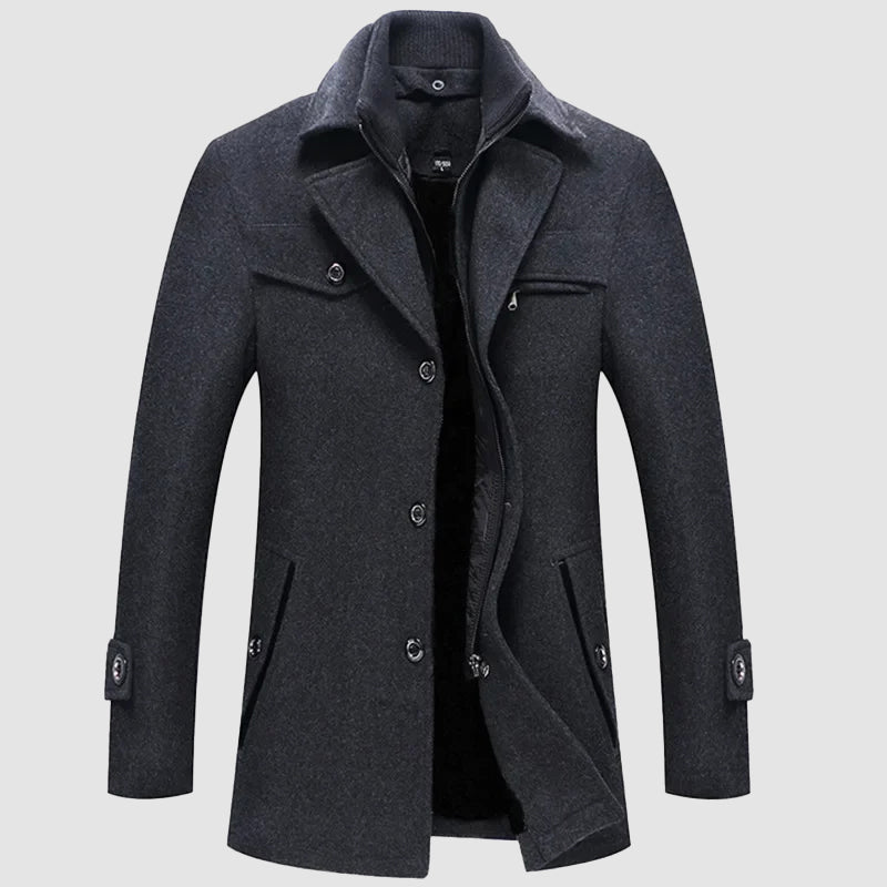 Felix Grant wool blend coat in classic tones, full-length silhouette with detachable collar