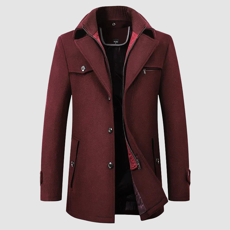 Felix Grant wool blend coat in neutral tone, tailored full-length silhouette with detachable collar