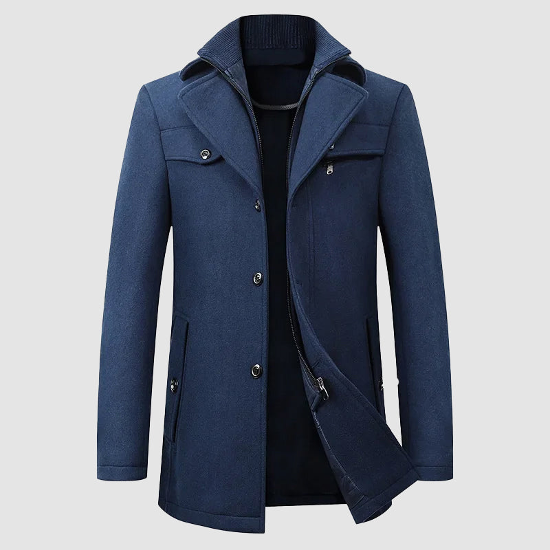 Felix Grant wool blend coat in classic neutral, full-length silhouette with detachable collar for men and women