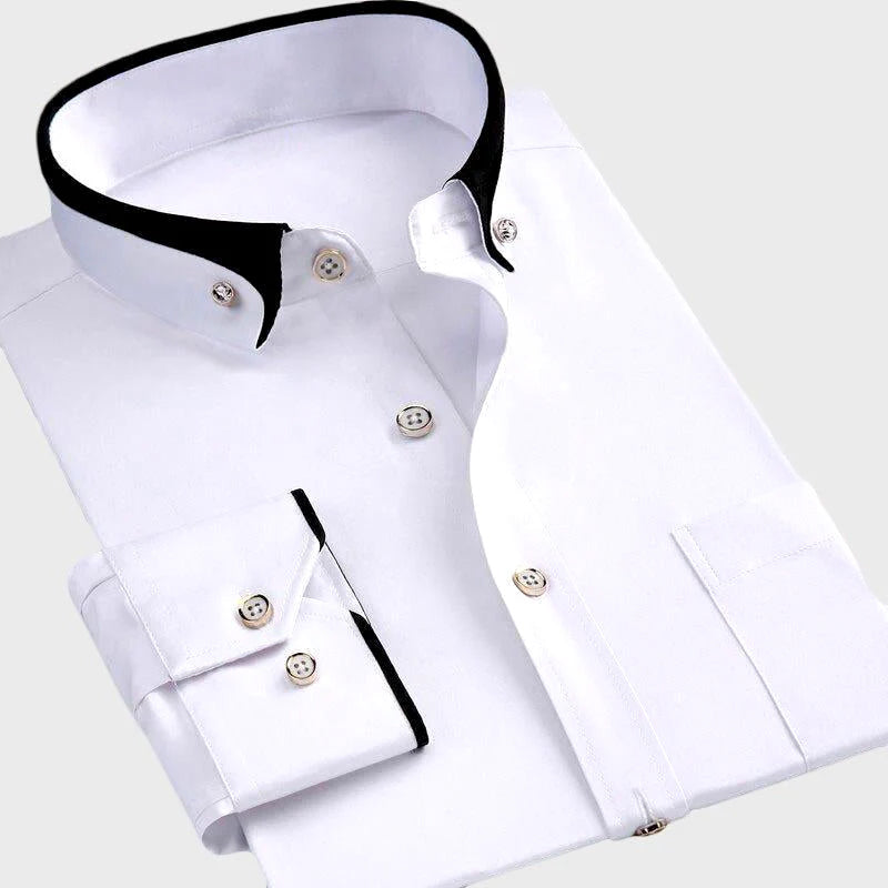Men's slim fit dress shirt light blue business casual contoured silhouette button-front tailored chest