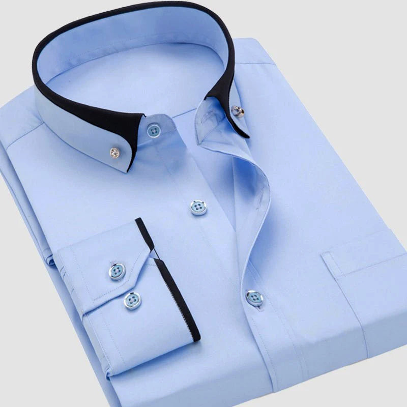 Men's slim fit dress shirt light blue business casual contoured silhouette button-front