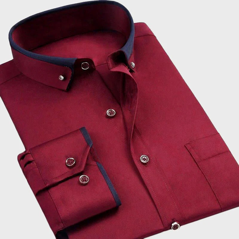 Men's slim fit dress shirt in classic white with contoured silhouette and polished button-front hardware