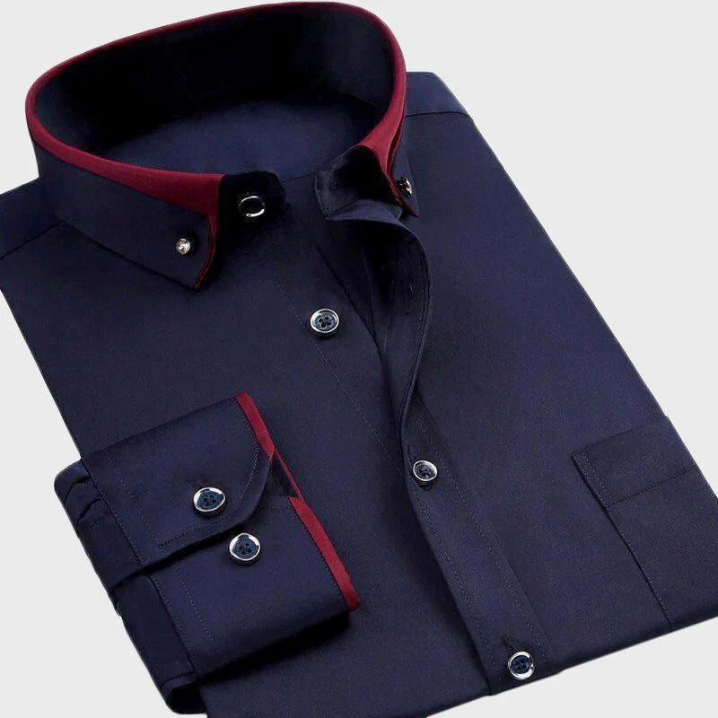 Men's slim fit dress shirt light blue business casual button-front with contoured chest and waist silhouette
