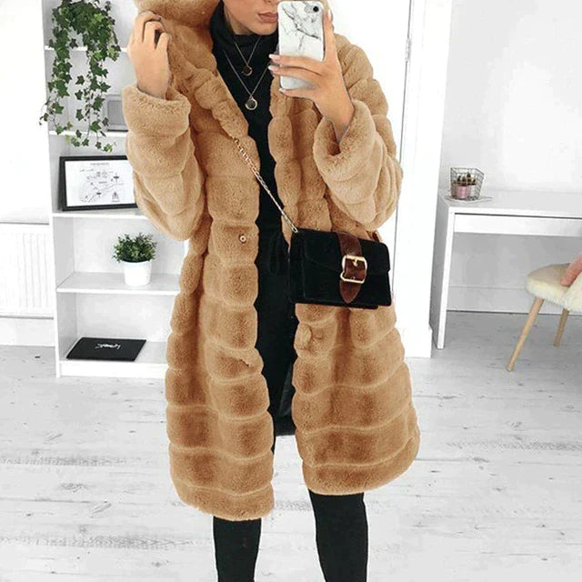 Women's elegant button-down faux fur coat plush warm luxurious style cold weather outerwear