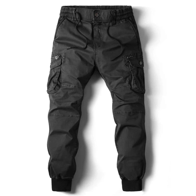 Slim cargo joggers in neutral tone tapered leg fit with multi-pocket utility design for urban explorers