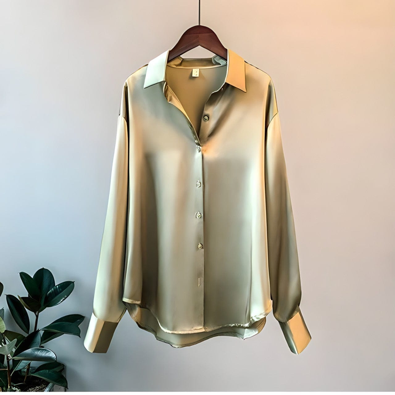 Women's ivory silk-finish blouse long sleeve classic collar button closure elegant fitted silhouette