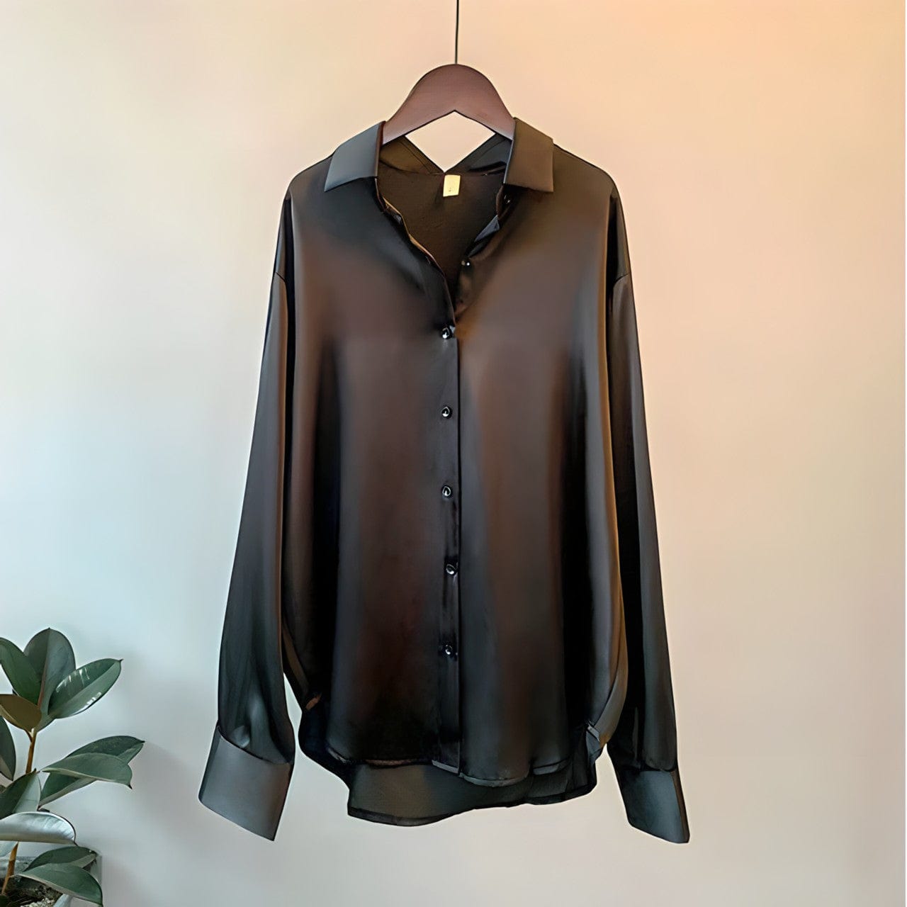 Women's ivory silk-finish blouse long sleeve classic collar button closure elegant tailored fit