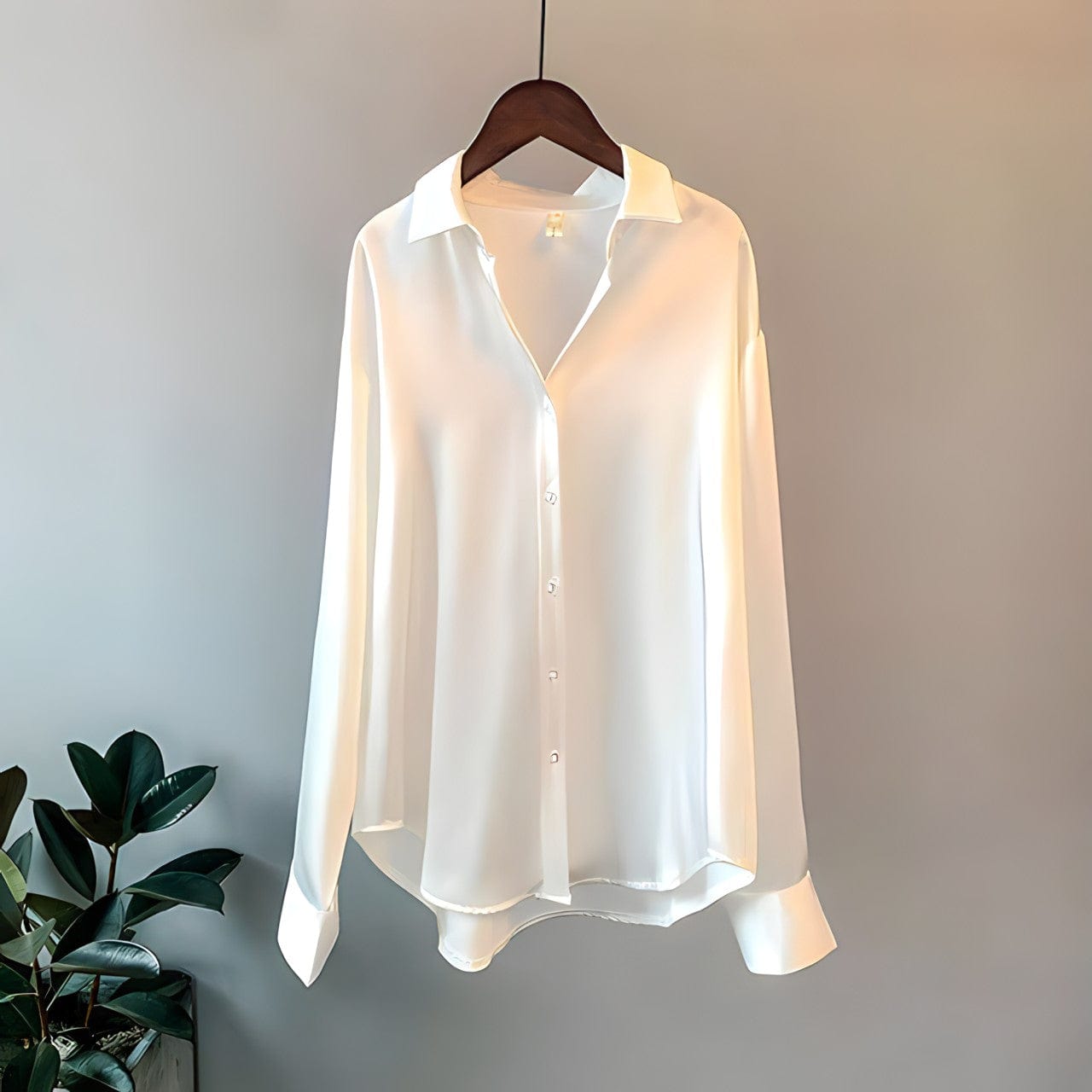 Women's ivory silk-look blouse long sleeve classic collar button closure elegant fitted silhouette