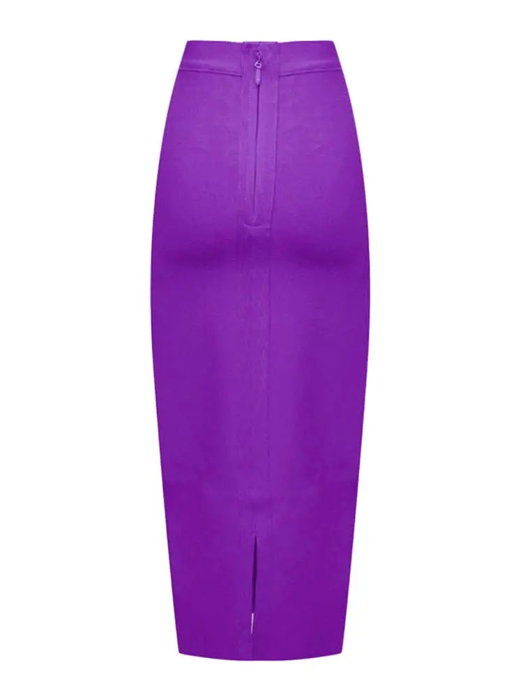 Blue stretch pencil skirt women mid-calf length with slit figure-enhancing silhouette