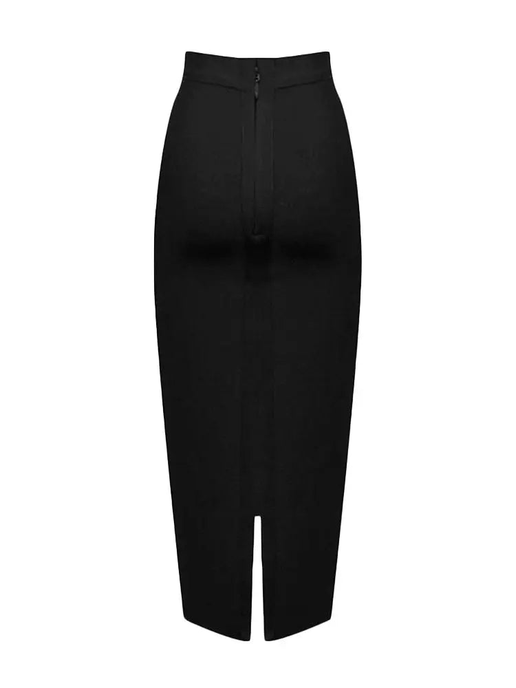 Blue mid-calf stretch pencil skirt with figure-enhancing fit and front slit for women