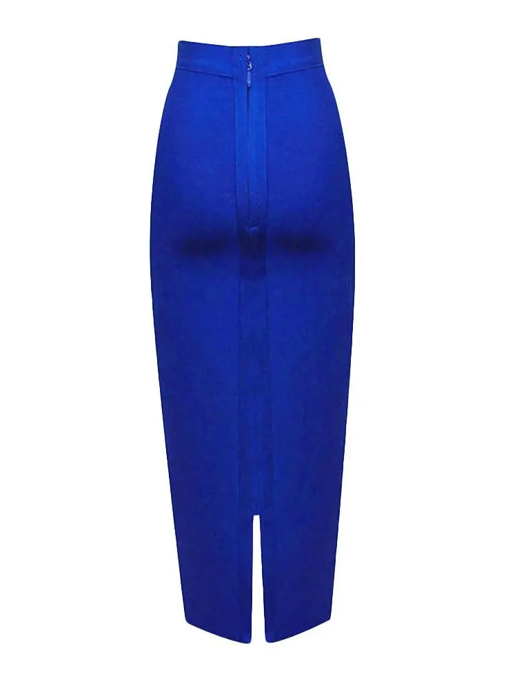 Blue stretch pencil skirt for women, mid-calf length with slit, figure-enhancing silhouette