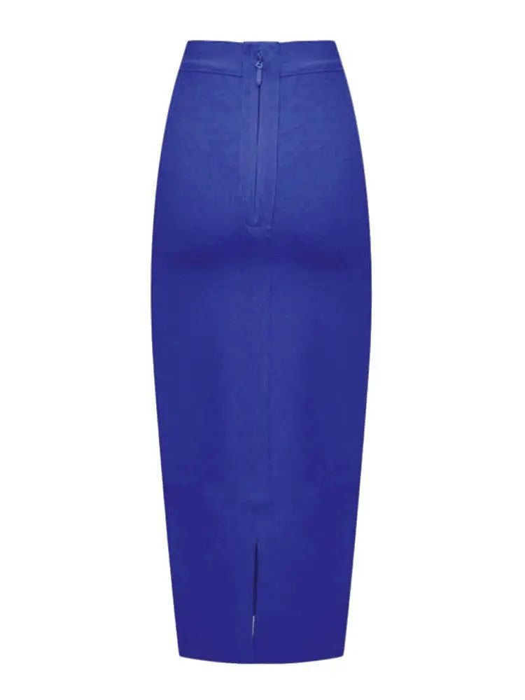 Blue stretch pencil skirt women mid-calf length figure-enhancing silhouette with side slit