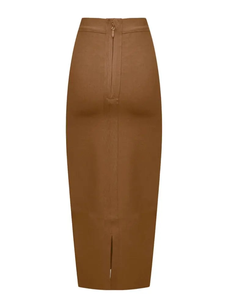 Blue stretch pencil skirt for women, mid-calf length with flattering slit and figure-enhancing silhouette