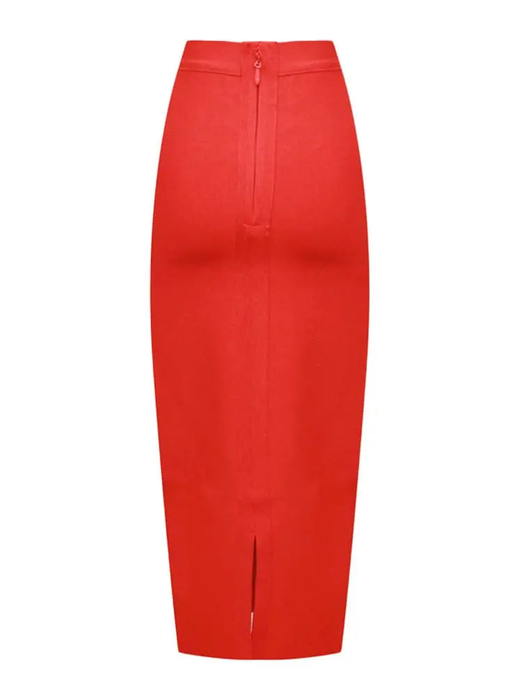 Blue stretch pencil skirt for women, mid-calf length with figure-enhancing silhouette and side slit