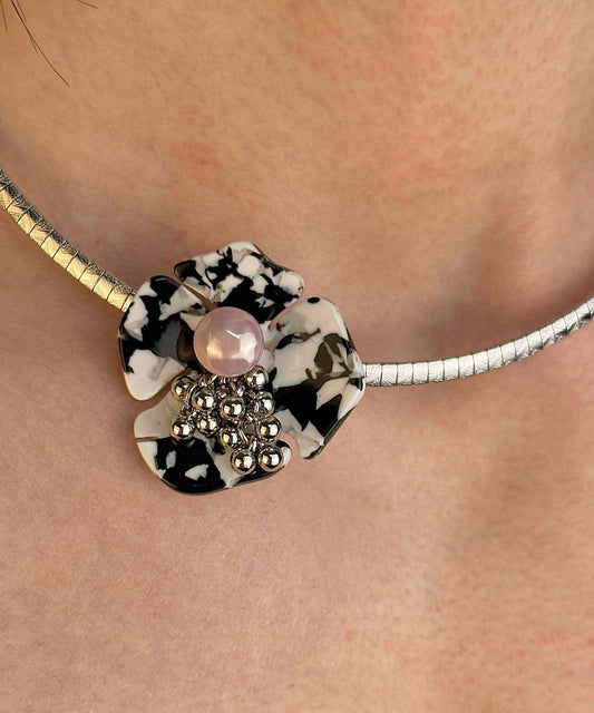 Collier princesse floral en acier inoxydable noir fin - Urbann-Vibe