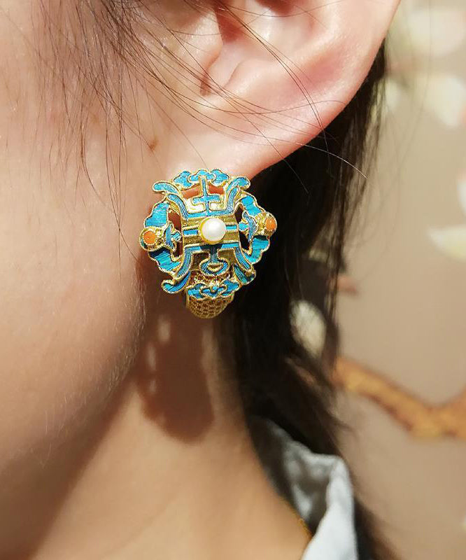 Boucles d'oreilles créoles en or bleu ancien et perles cloisonnées - Urbann-Vibe
