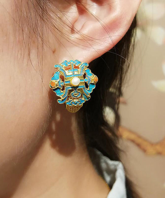Boucles d'oreilles créoles en or bleu ancien et perles cloisonnées - Urbann-Vibe