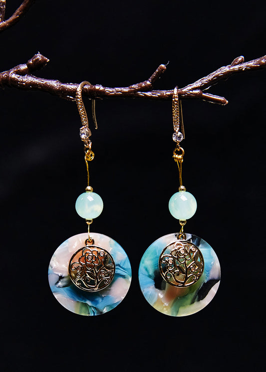 Boucles d'oreilles pendantes de style national en jade circulaire bleu fin - Urbann-Vibe