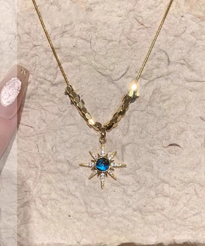 Collier pendentif étoile à huit barbes en cuivre bleu fin sur zircon doré - Urbann-Vibe