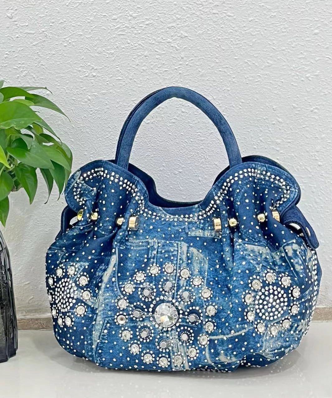Sac fourre-tout en denim solide et durable avec zircon bleu fin - Urbann-Vibe