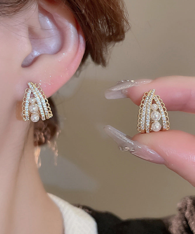 Boucles d'oreilles à tige en or fin, cuivre, perle et zircon - Urbann-Vibe