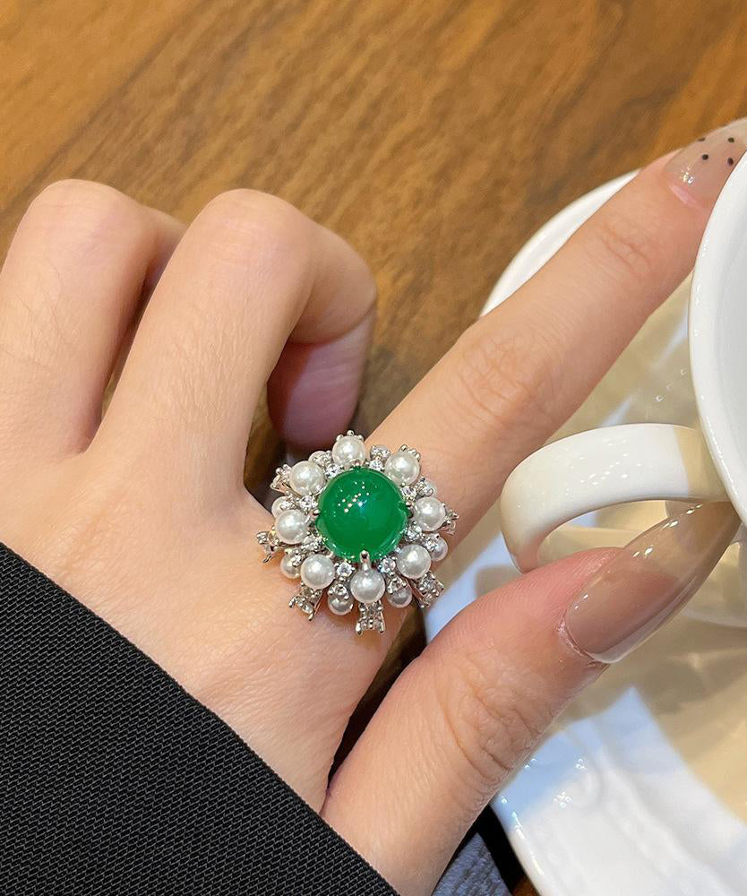 Bagues en alliage vert fin avec perles de jade et zircon - Urbann-Vibe