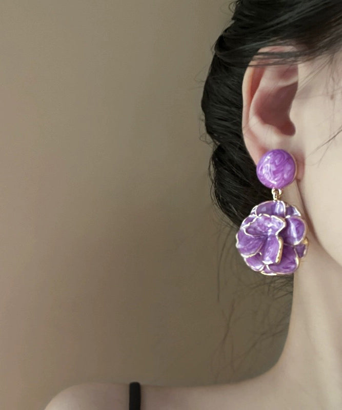 Boucles d'oreilles à tige en alliage d'argent sterling violet fin avec pendentif floral émaillé - Urbann-Vibe