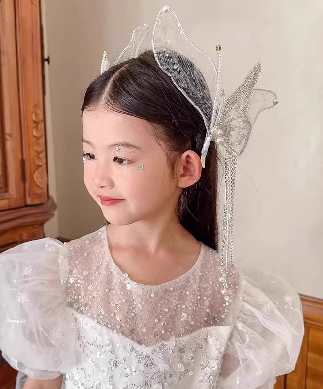 Épingle à cheveux pour enfants en alliage blanc fin avec papillon, tulle et perles - Urbann-Vibe