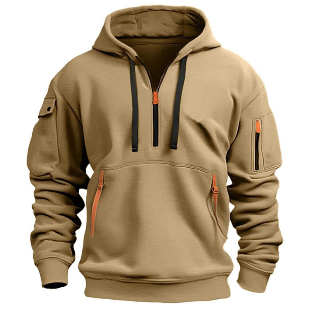 Men's gray long sleeve utility hoodie with multiple functional pockets for outdoor adventure