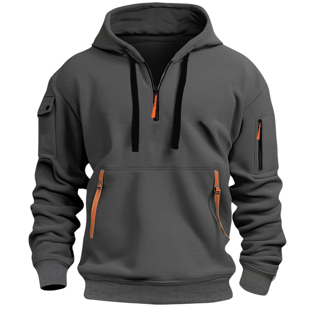 Men's gray long sleeve utility hoodie with multiple functional pockets for outdoor adventure