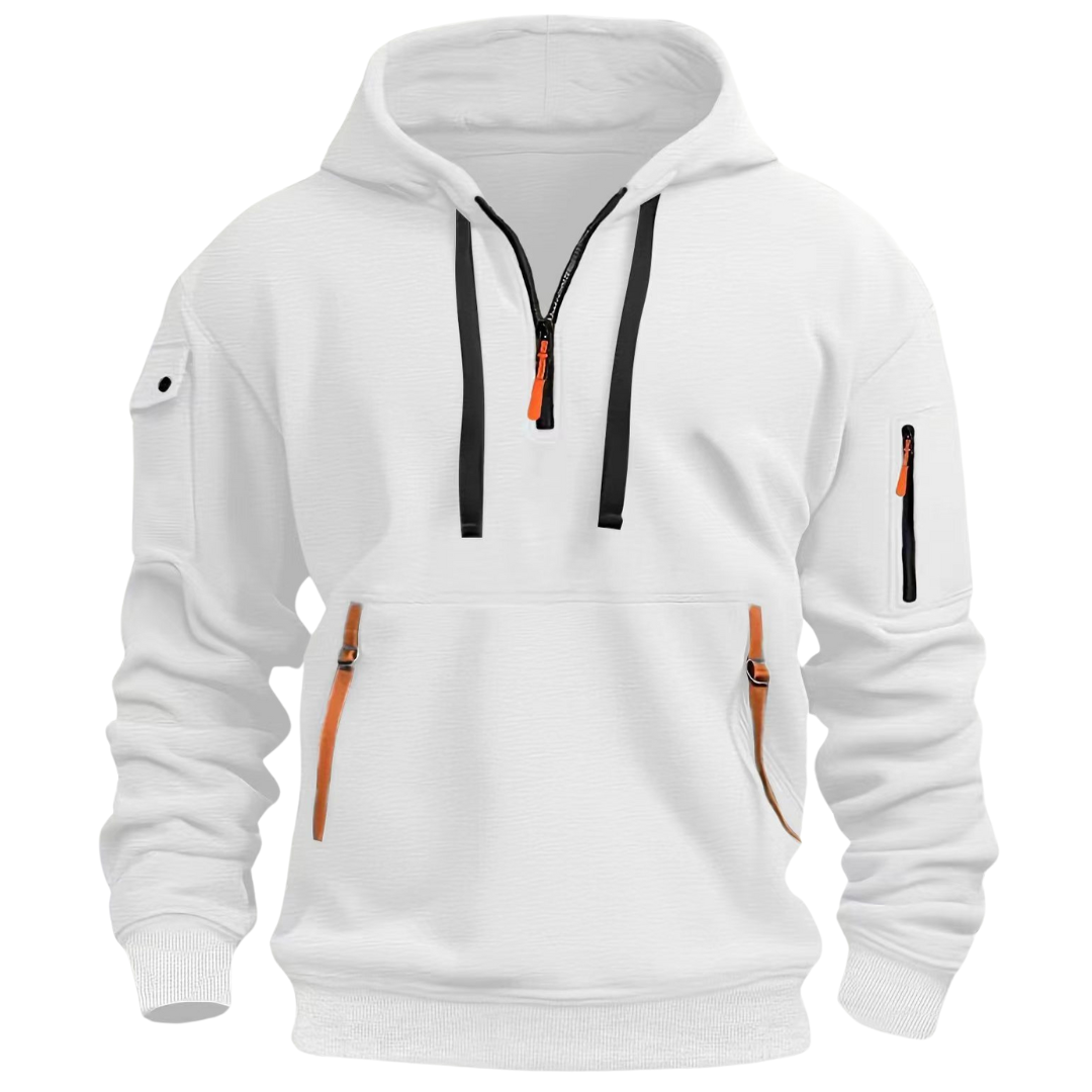 Men's gray long sleeve utility hoodie with multiple functional pockets for outdoor adventure